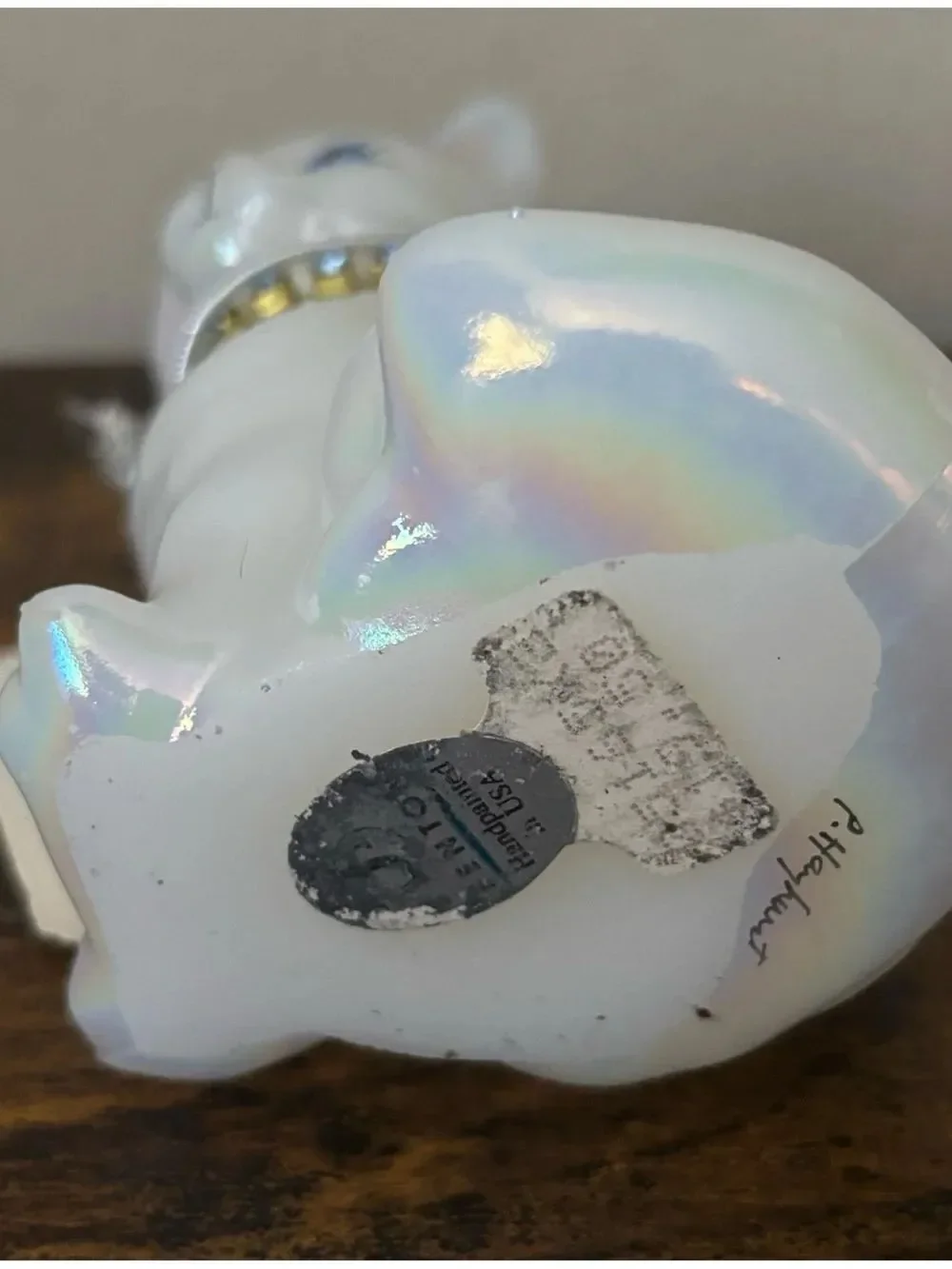 Vintage Fenton Opal Iridescent December Cat ~ Blue Zircon - UVGlow - Marked